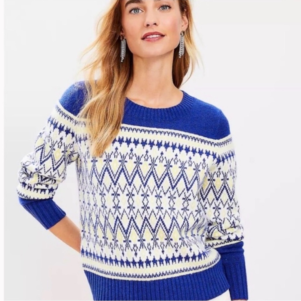 LOFT Blue and White Fair Isle Crewneck Fisherman Ski Sweater NWT